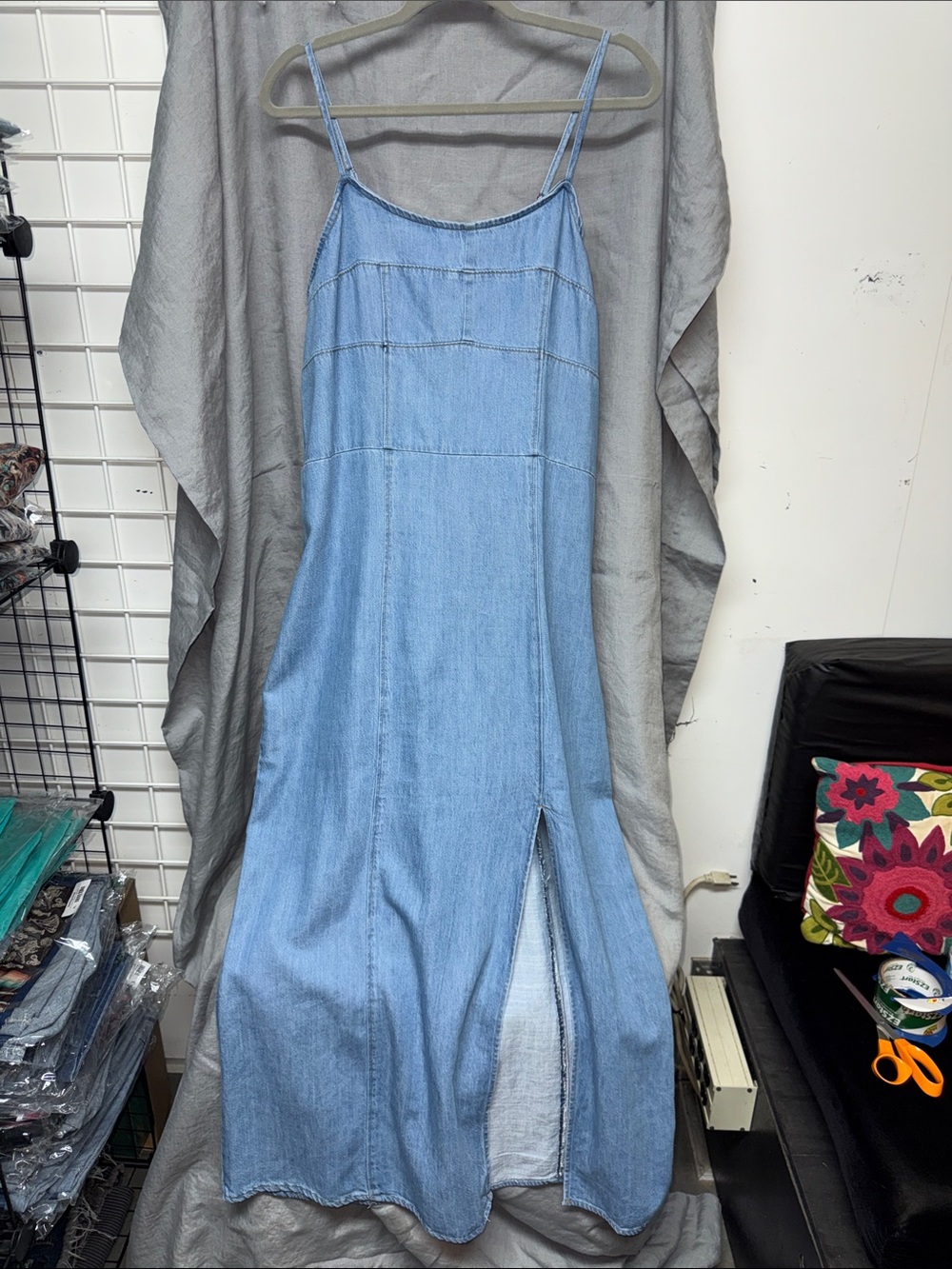 Light Blue Denim Slip Spaghetti Strap Dress with Front Slit